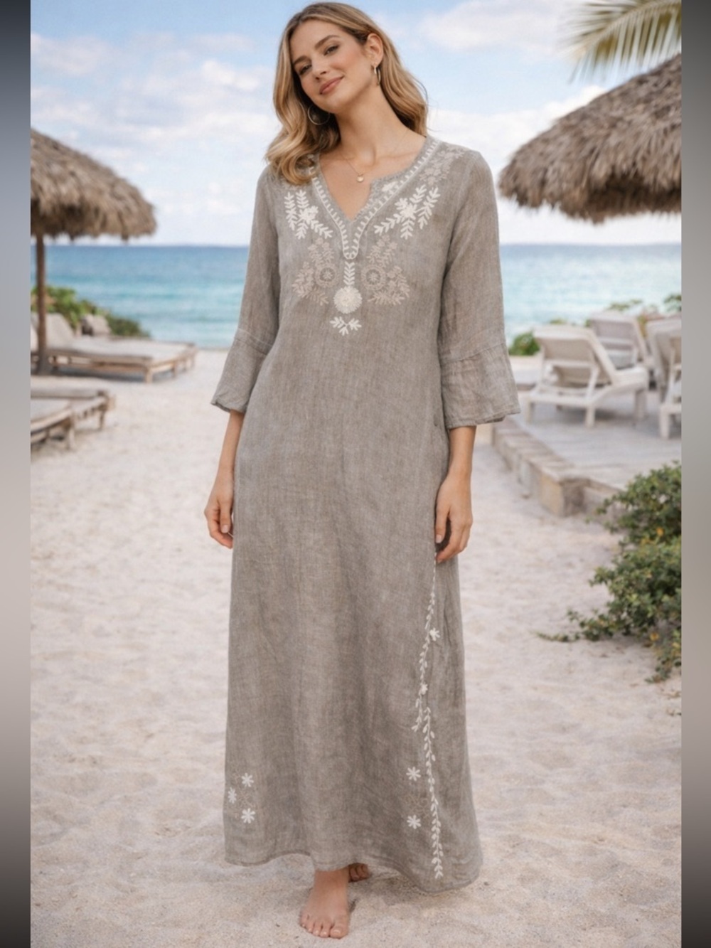 Debbie Katz South Beach Boho Embroidered Maxi Dress Coastal Resort L